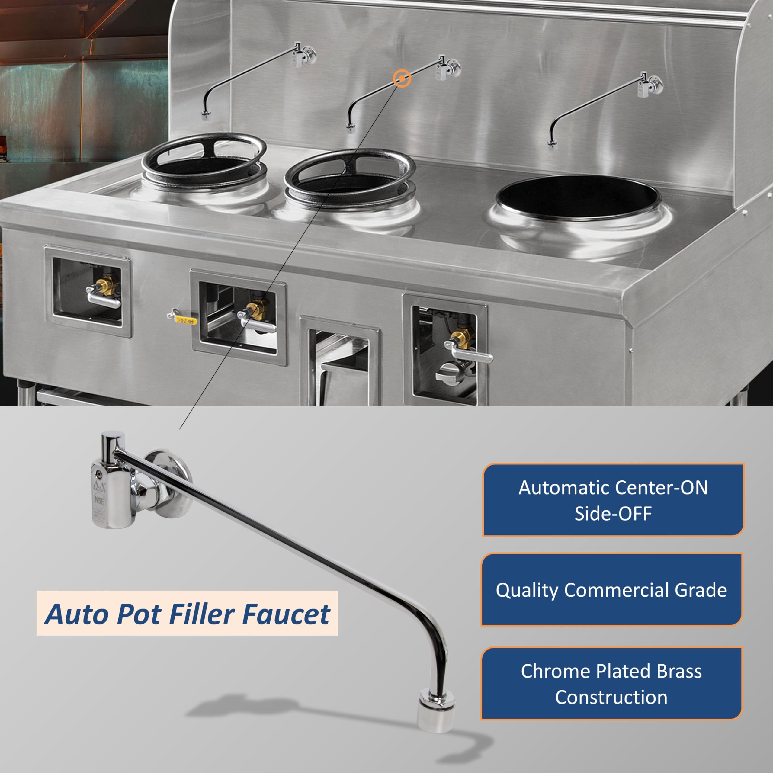 Aa Faucet Wok Range Center-On Automatic Faucet With 14'' Spout & 3/8'' Male Inlet For Restaurant Kitchen Aa-510G (3/8'' Inlet 14